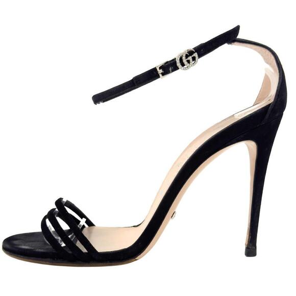 Gucci GG Logo Marmont Black Suede Heels Sandals Isle Crystal Ankle Strap EU 37.5 - Picture 1 of 11